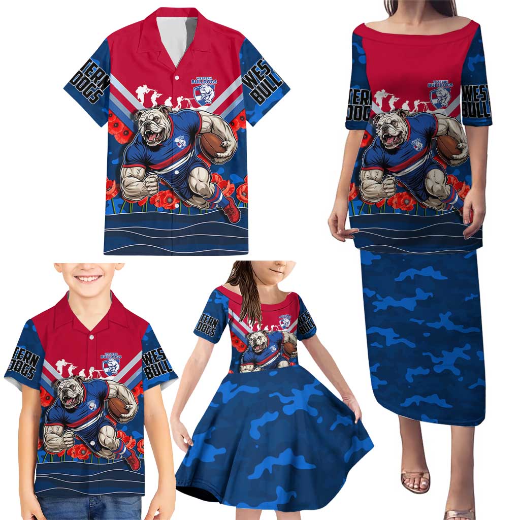 Personalised Western Bulldogs ANZAC Family Matching Puletasi and Hawaiian Shirt Military Remembrance Australian Football Mascot Camouflage