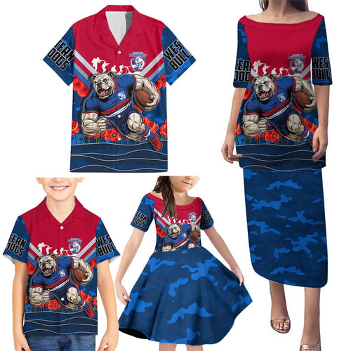 Personalised Western Bulldogs ANZAC Family Matching Puletasi and Hawaiian Shirt Military Remembrance Australian Football Mascot Camouflage