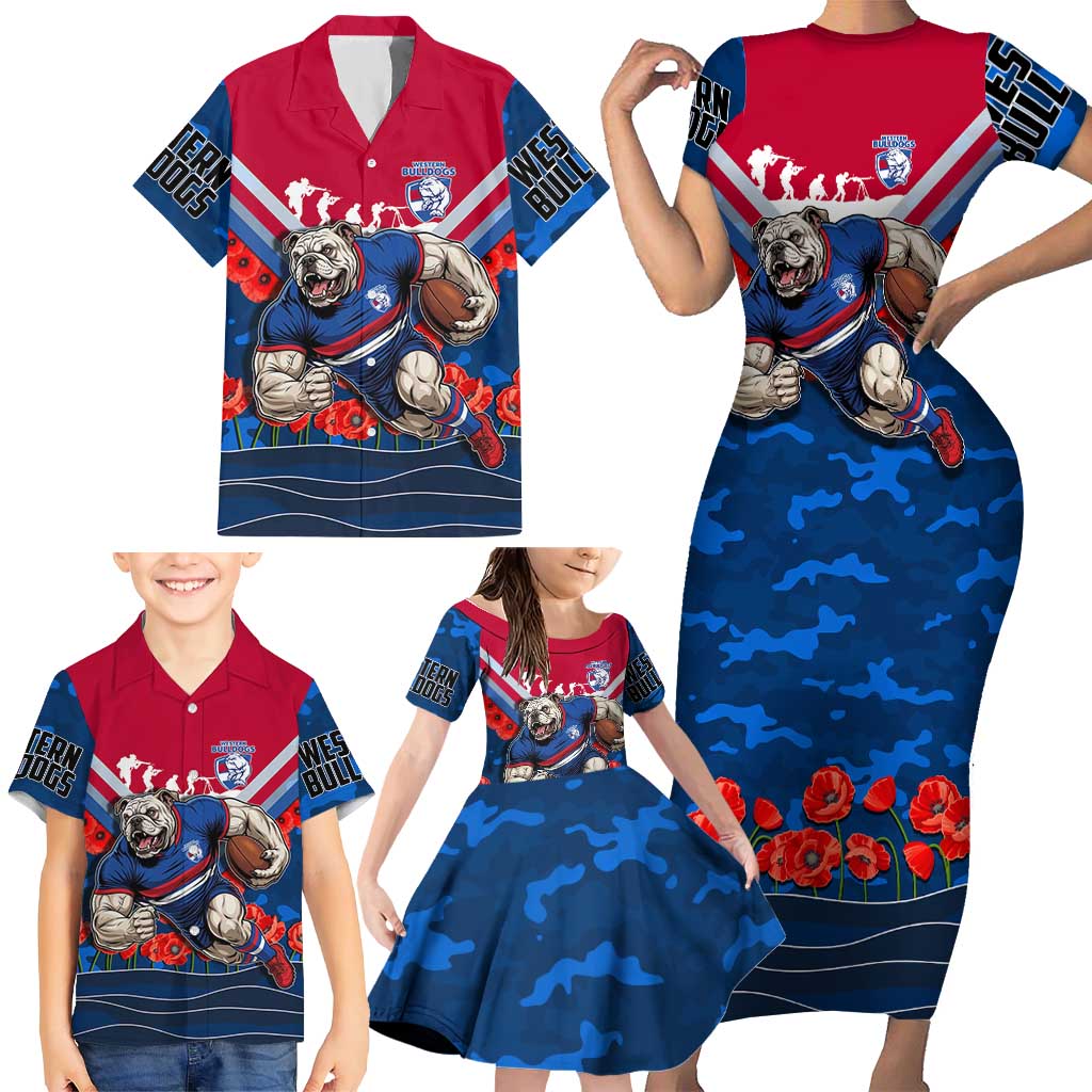 Personalised Western Bulldogs ANZAC Family Matching Short Sleeve Bodycon Dress and Hawaiian Shirt Military Remembrance Australian Football Mascot Camouflage
