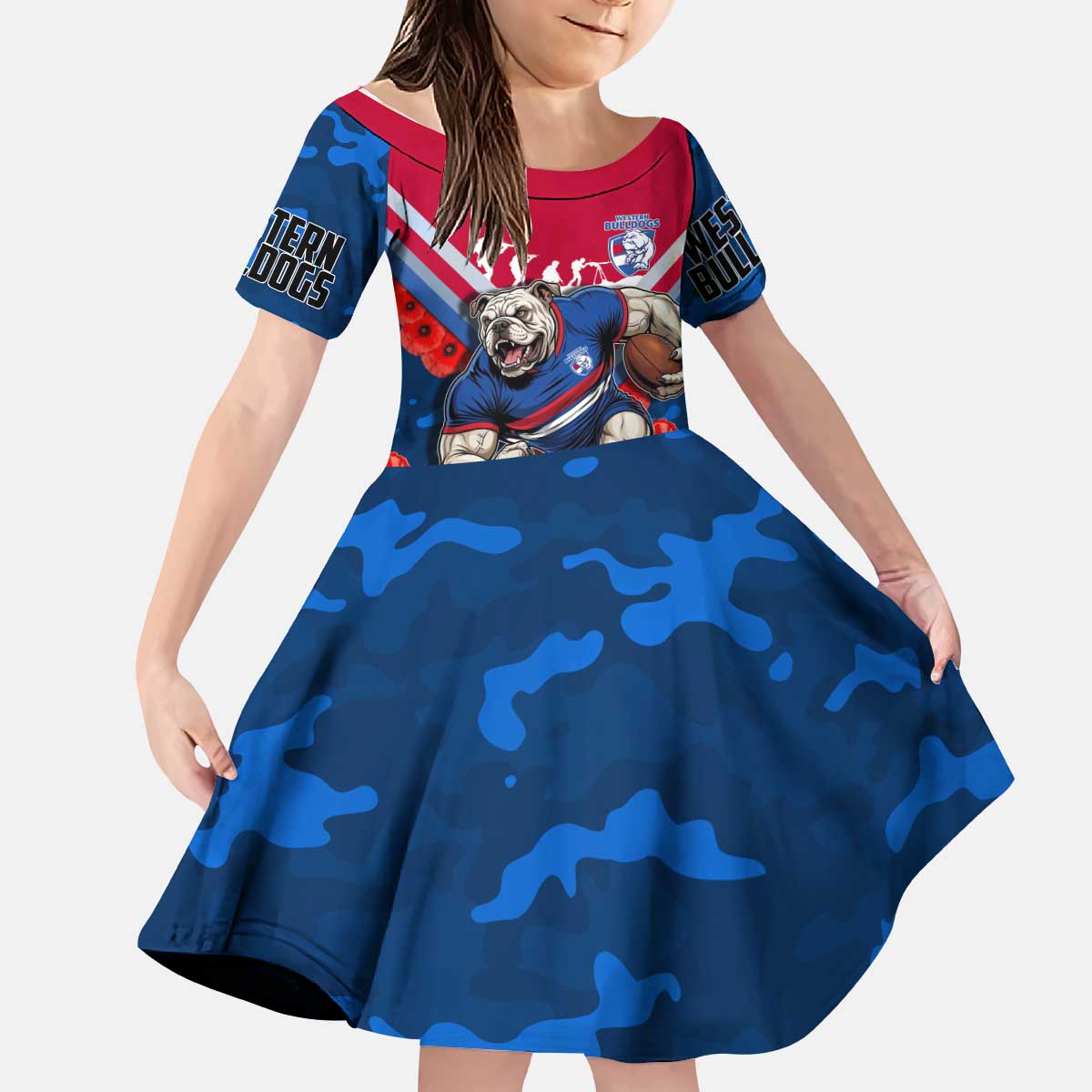 Personalised Western Bulldogs ANZAC Kid Short Sleeve Dress Military Remembrance Australian Football Mascot Camouflage