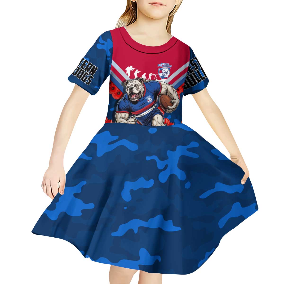 Personalised Western Bulldogs ANZAC Kid Short Sleeve Dress Military Remembrance Australian Football Mascot Camouflage