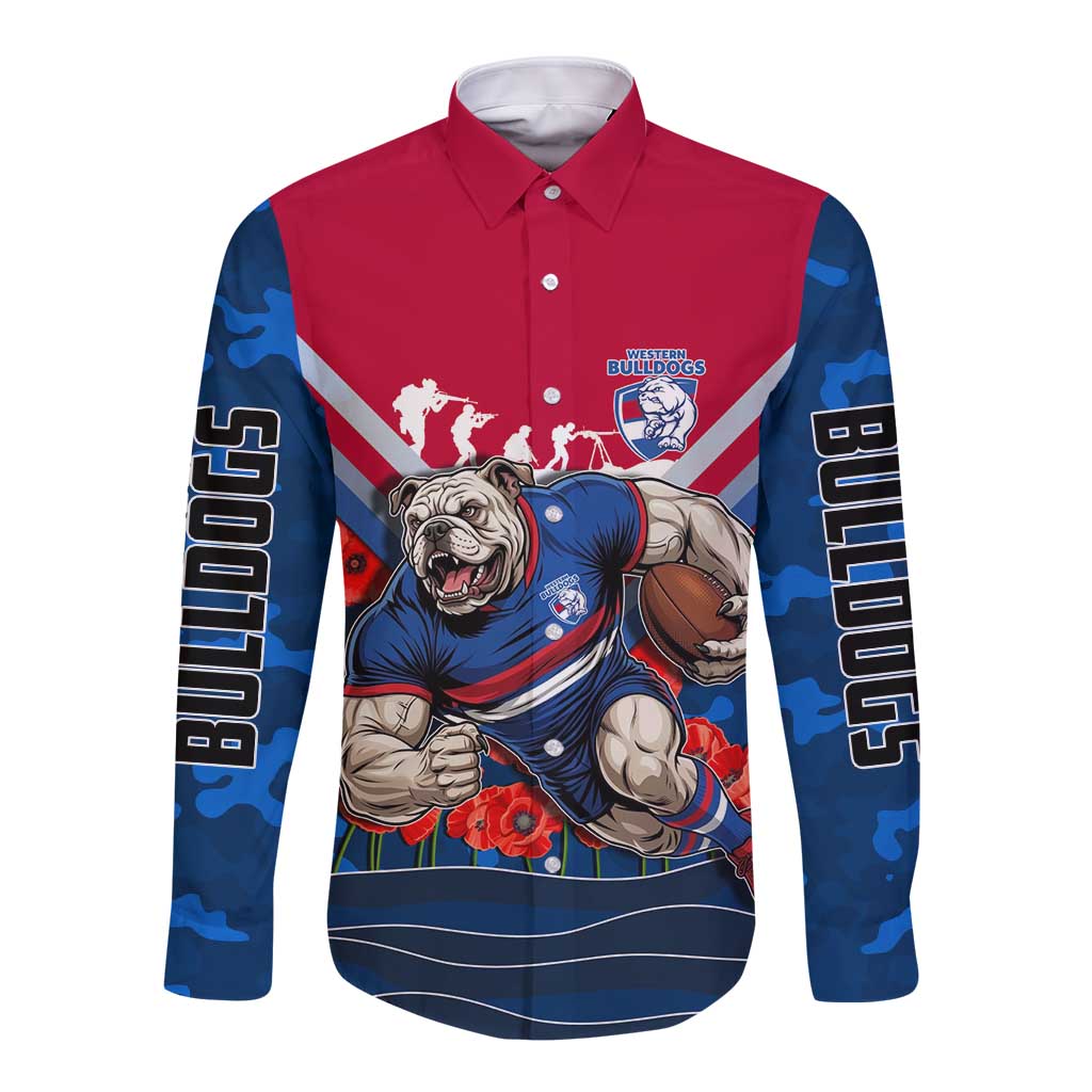 Personalised Western Bulldogs ANZAC Long Sleeve Button Shirt Military Remembrance Australian Football Mascot Camouflage