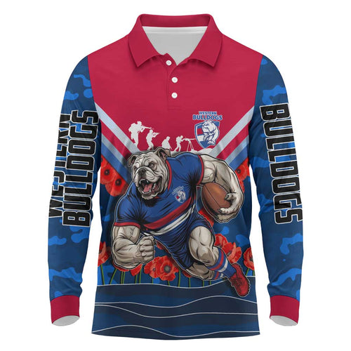 Personalised Western Bulldogs ANZAC Long Sleeve Polo Shirt Military Remembrance Australian Football Mascot Camouflage