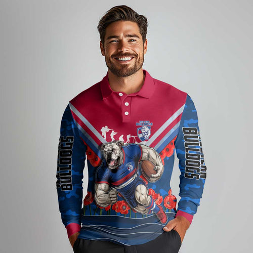 Personalised Western Bulldogs ANZAC Long Sleeve Polo Shirt Military Remembrance Australian Football Mascot Camouflage