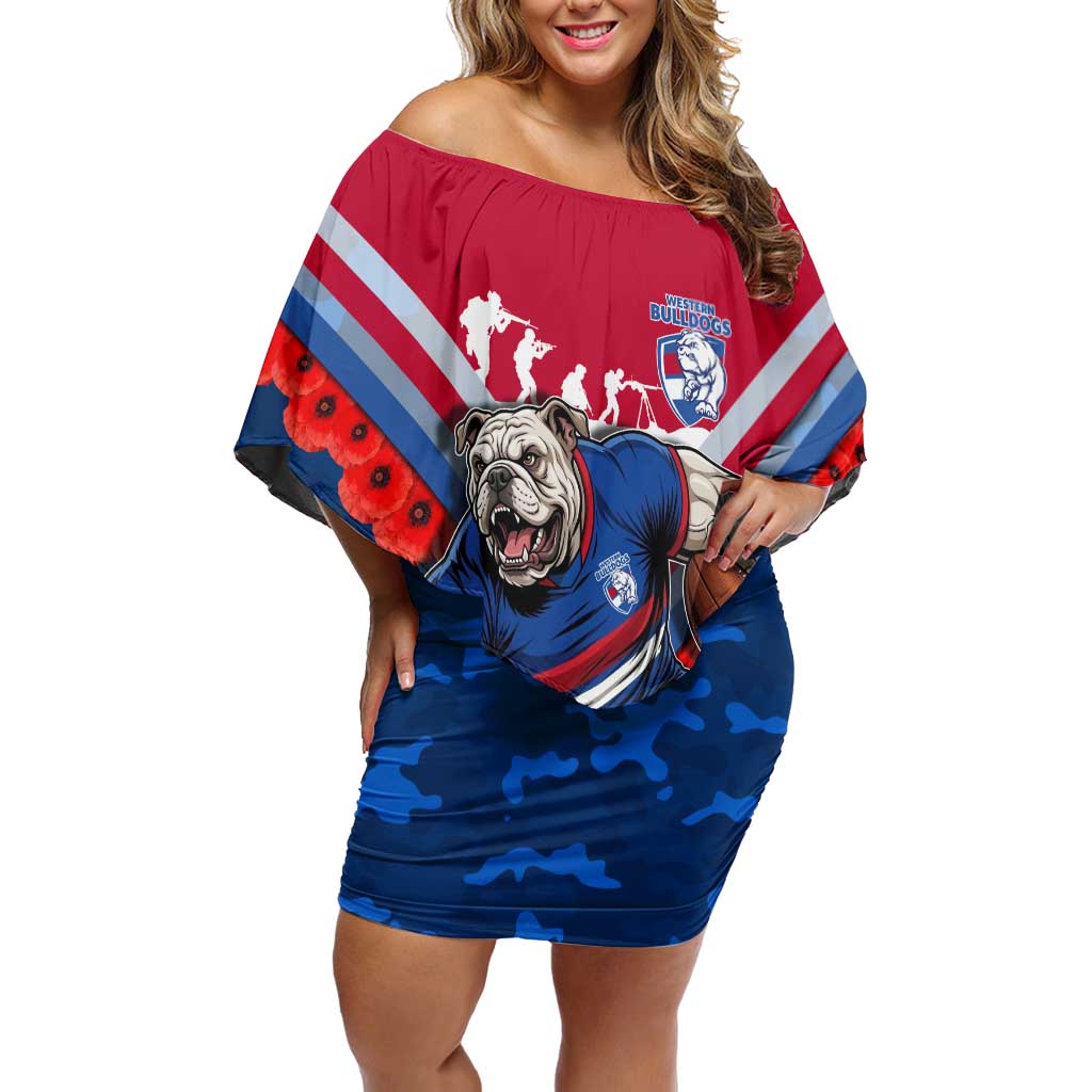 Personalised Western Bulldogs ANZAC Off Shoulder Short Dress Military Remembrance Australian Football Mascot Camouflage