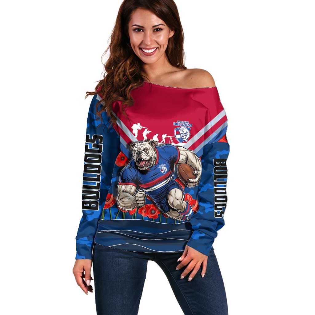 Personalised Western Bulldogs ANZAC Off Shoulder Sweater Military Remembrance Australian Football Mascot Camouflage