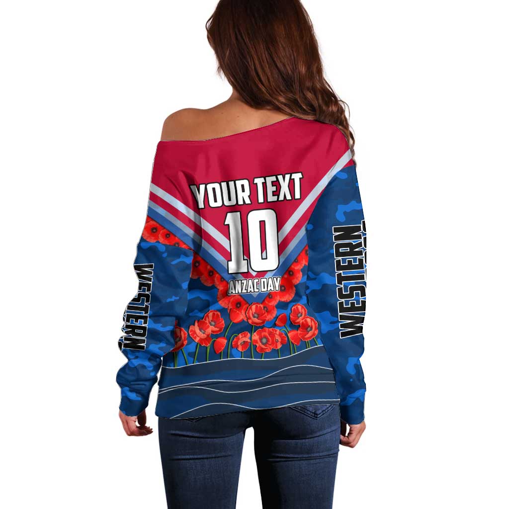 Personalised Western Bulldogs ANZAC Off Shoulder Sweater Military Remembrance Australian Football Mascot Camouflage