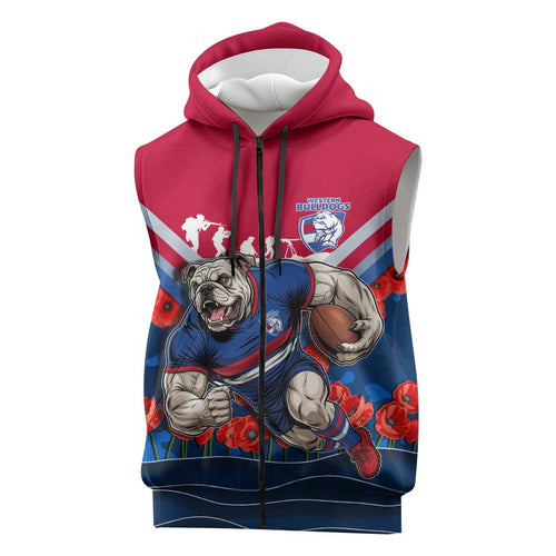 Personalised Western Bulldogs ANZAC Sleeveless Zip Hoodie Military Remembrance Australian Football Mascot Camouflage