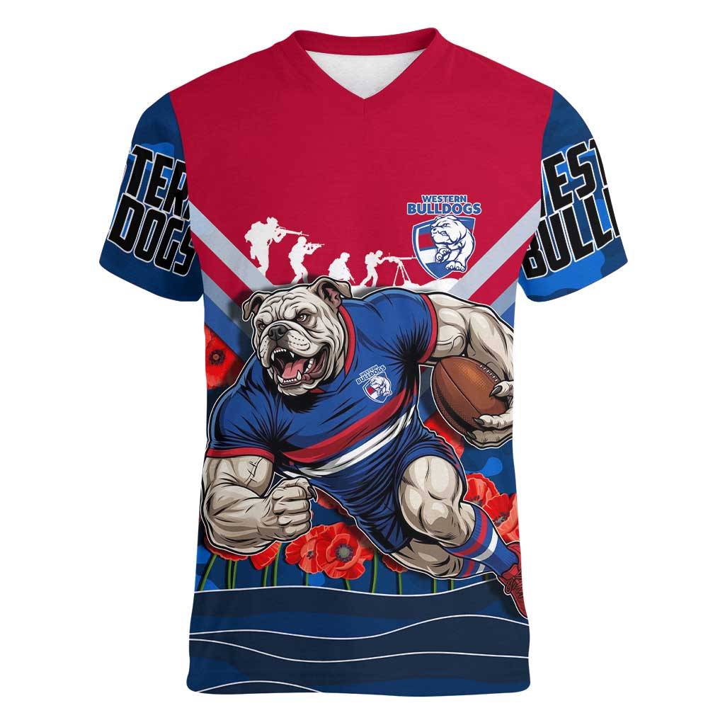 Personalised Western Bulldogs ANZAC Women V-Neck T-Shirt Military Remembrance Australian Football Mascot Camouflage