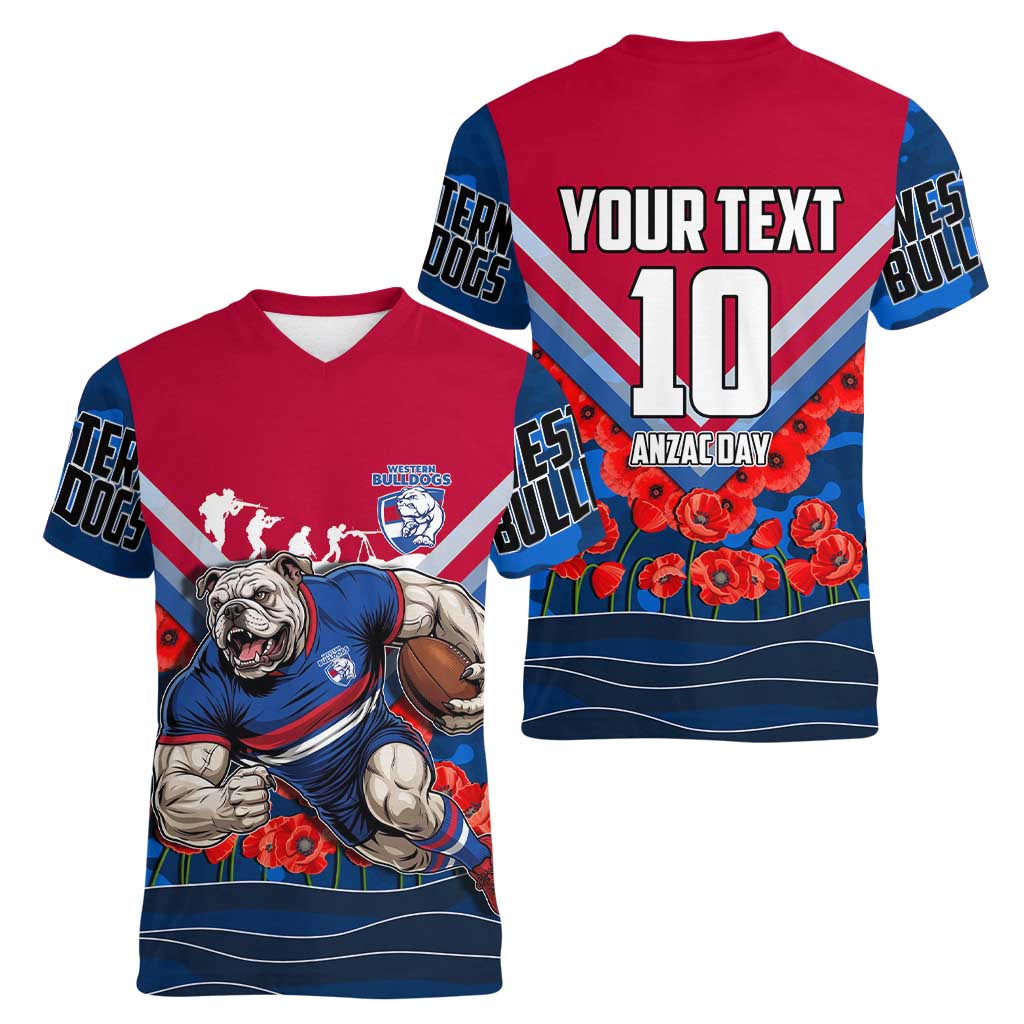 Personalised Western Bulldogs ANZAC Women V-Neck T-Shirt Military Remembrance Australian Football Mascot Camouflage