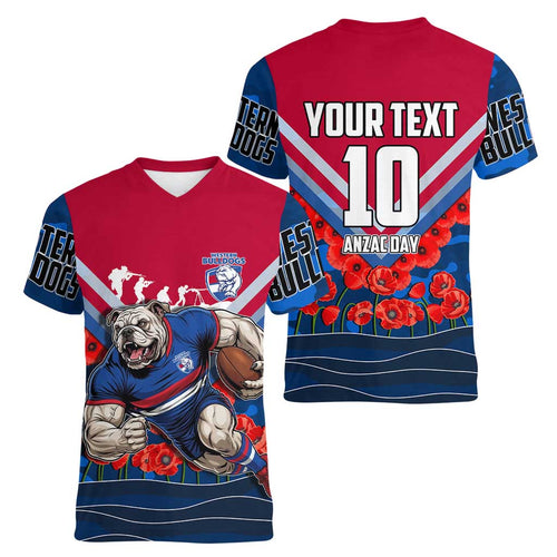 Personalised Western Bulldogs ANZAC Women V-Neck T-Shirt Military Remembrance Australian Football Mascot Camouflage