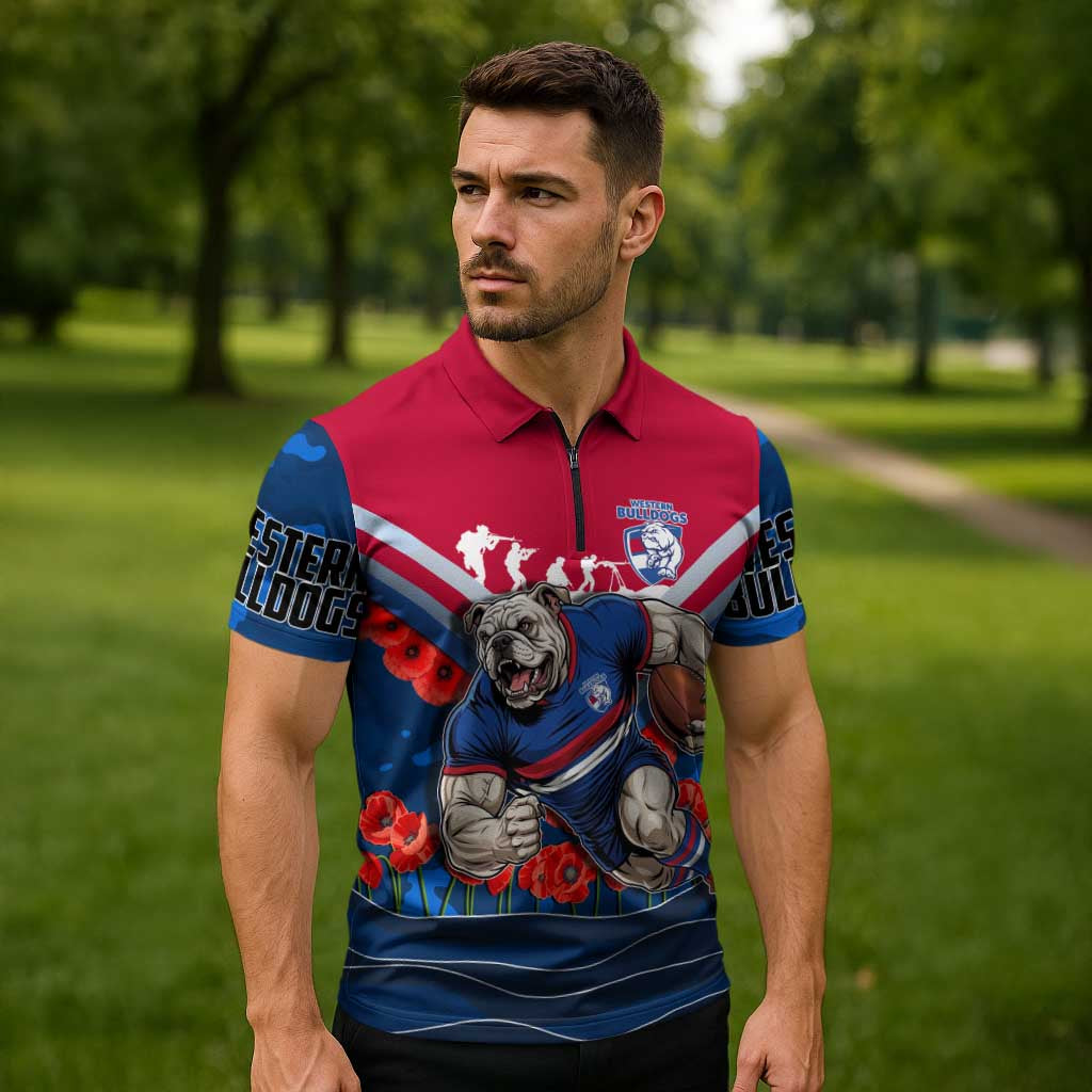 Personalised Western Bulldogs ANZAC Zipper Polo Shirt Military Remembrance Australian Football Mascot Camouflage