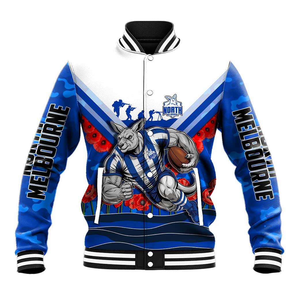 Personalised North Melbourne Kangaroos ANZAC Baseball Jacket Military Remembrance Australian Football Mascot Camouflage