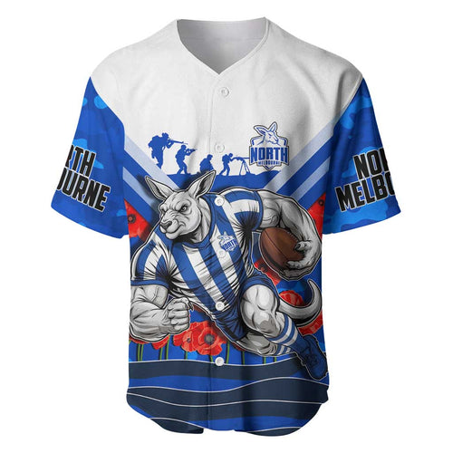 Personalised North Melbourne Kangaroos ANZAC Baseball Jersey Military Remembrance Australian Football Mascot Camouflage