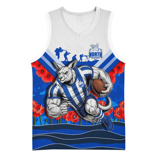 Personalised North Melbourne Kangaroos ANZAC Basketball Jersey Military Remembrance Australian Football Mascot Camouflage