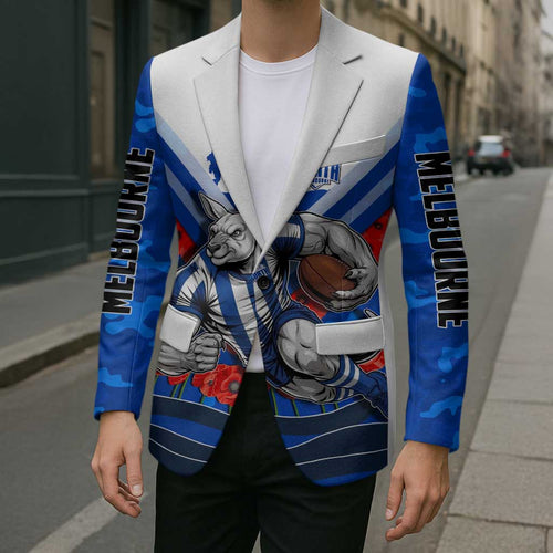 Personalised North Melbourne Kangaroos ANZAC Blazer Military Remembrance Australian Football Mascot Camouflage