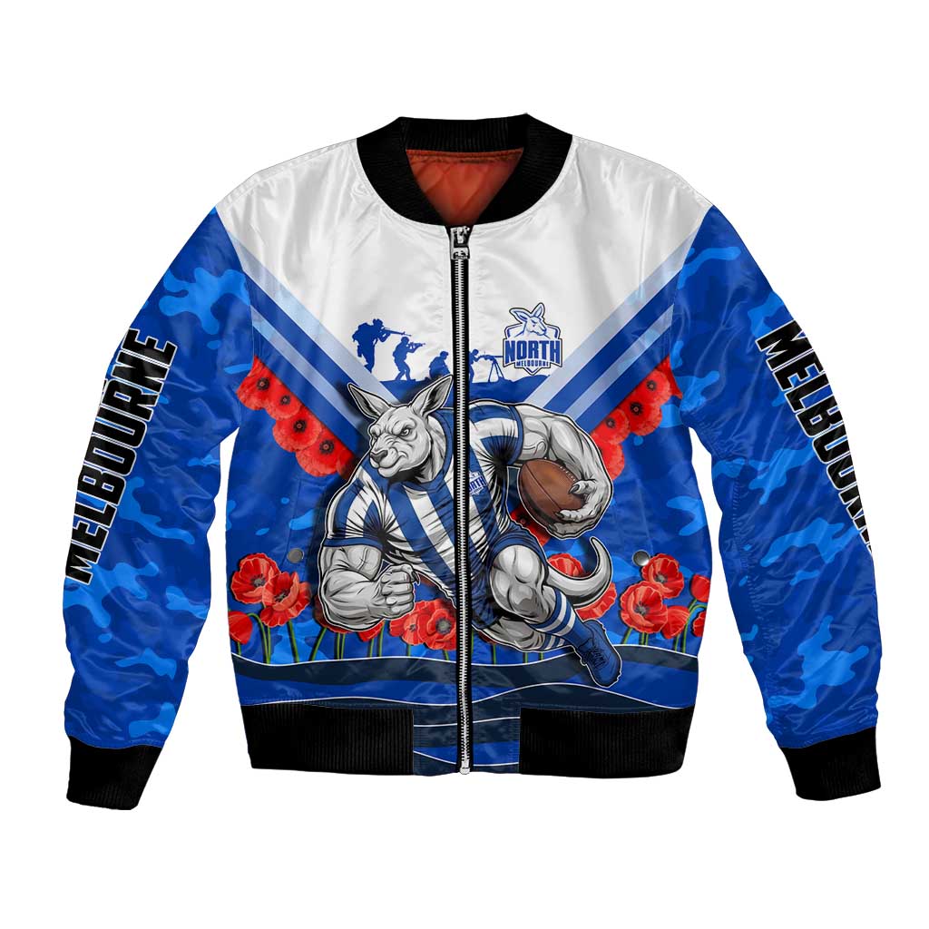 Personalised North Melbourne Kangaroos ANZAC Bomber Jacket Military Remembrance Australian Football Mascot Camouflage