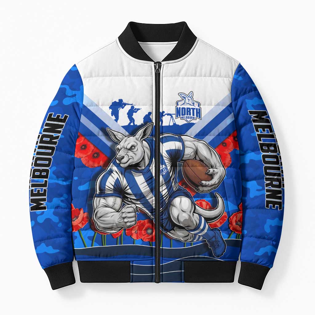 Personalised North Melbourne Kangaroos ANZAC Bomber Puffer Jacket Military Remembrance Australian Football Mascot Camouflage
