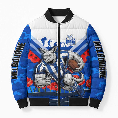 Personalised North Melbourne Kangaroos ANZAC Bomber Puffer Jacket Military Remembrance Australian Football Mascot Camouflage