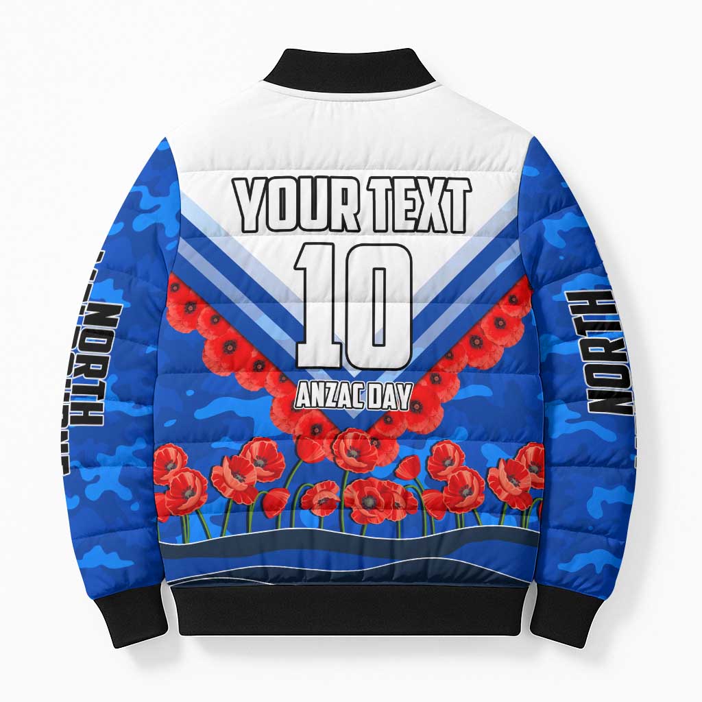 Personalised North Melbourne Kangaroos ANZAC Bomber Puffer Jacket Military Remembrance Australian Football Mascot Camouflage
