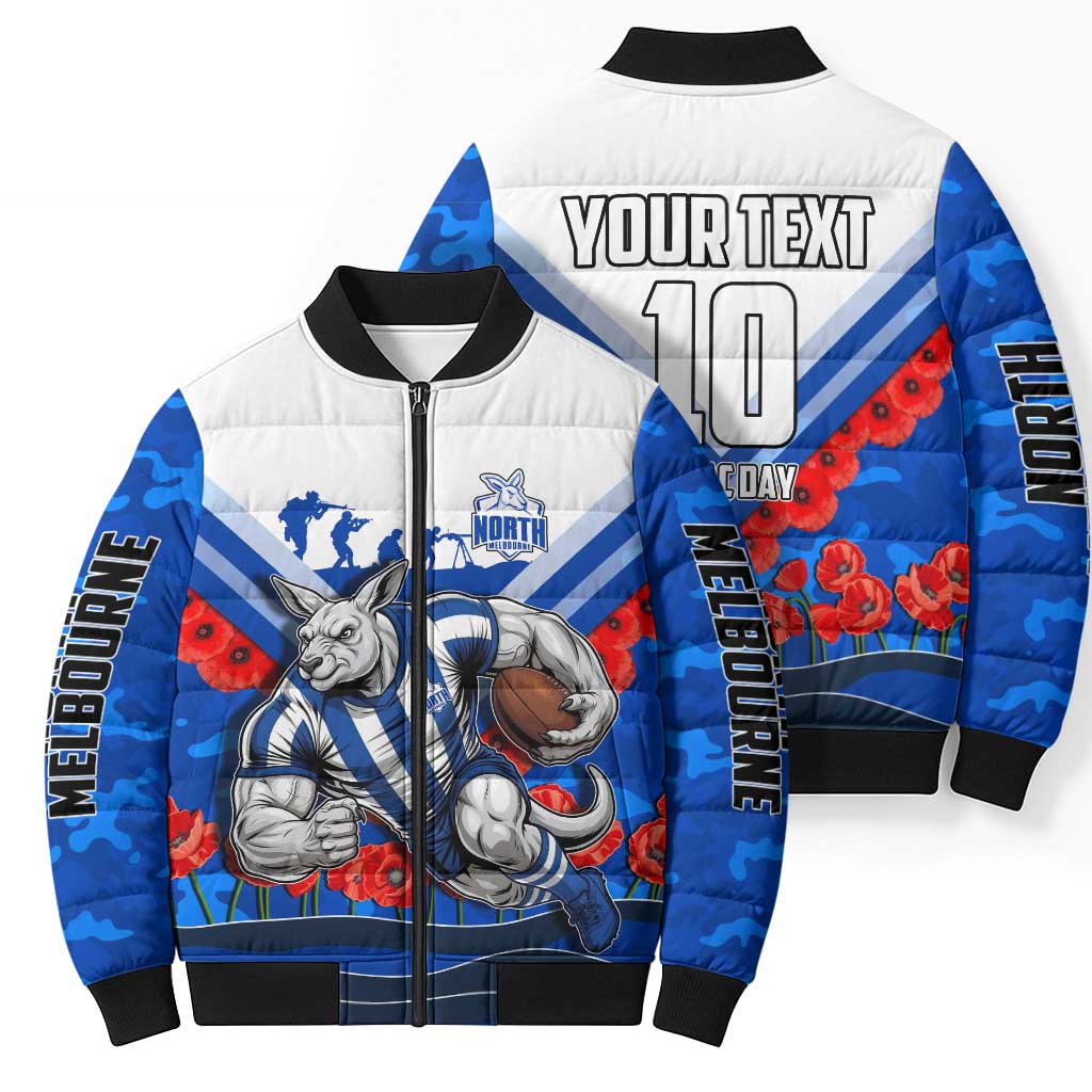 Personalised North Melbourne Kangaroos ANZAC Bomber Puffer Jacket Military Remembrance Australian Football Mascot Camouflage