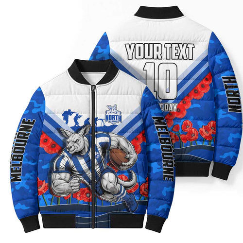 Personalised North Melbourne Kangaroos ANZAC Bomber Puffer Jacket Military Remembrance Australian Football Mascot Camouflage