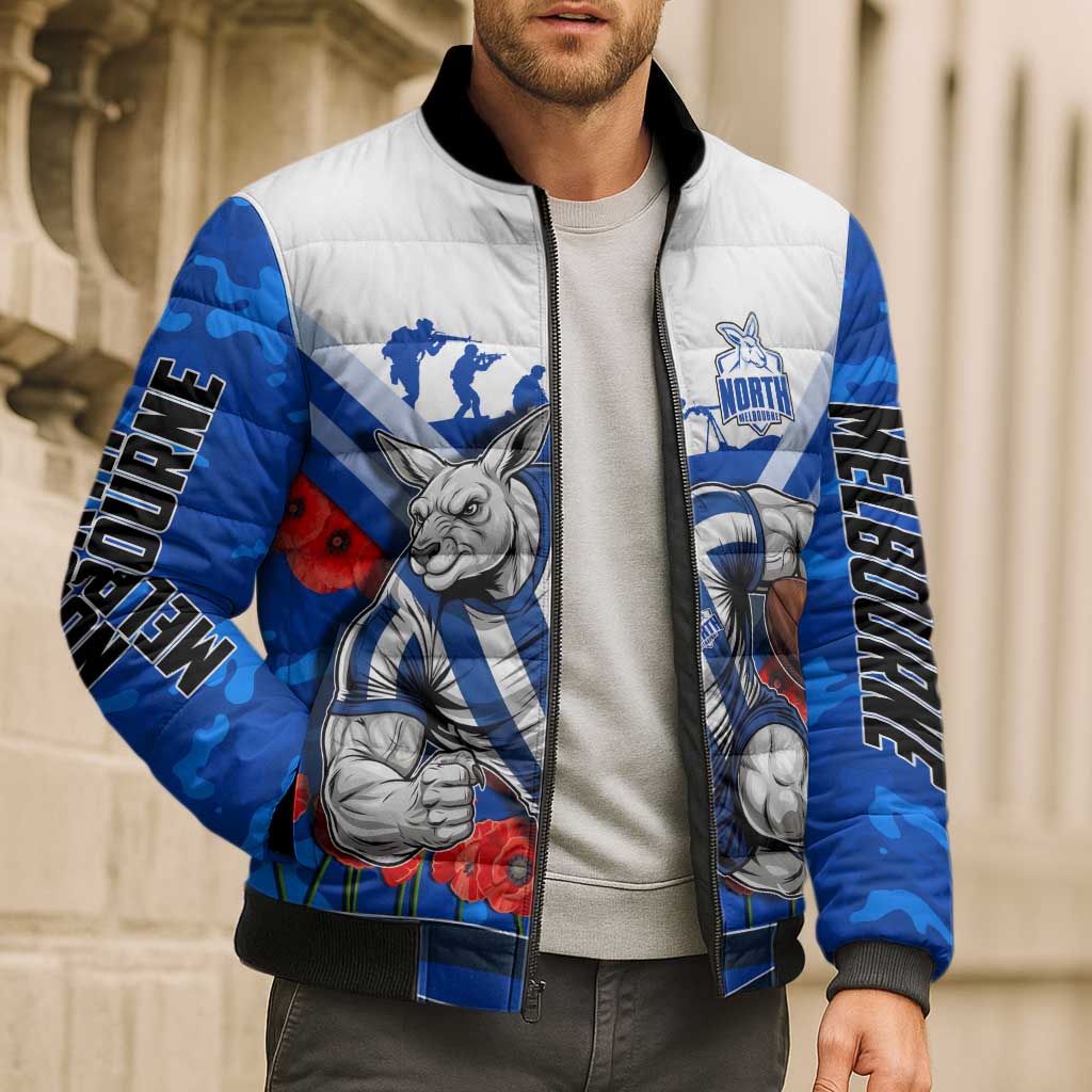 Personalised North Melbourne Kangaroos ANZAC Bomber Puffer Jacket Military Remembrance Australian Football Mascot Camouflage
