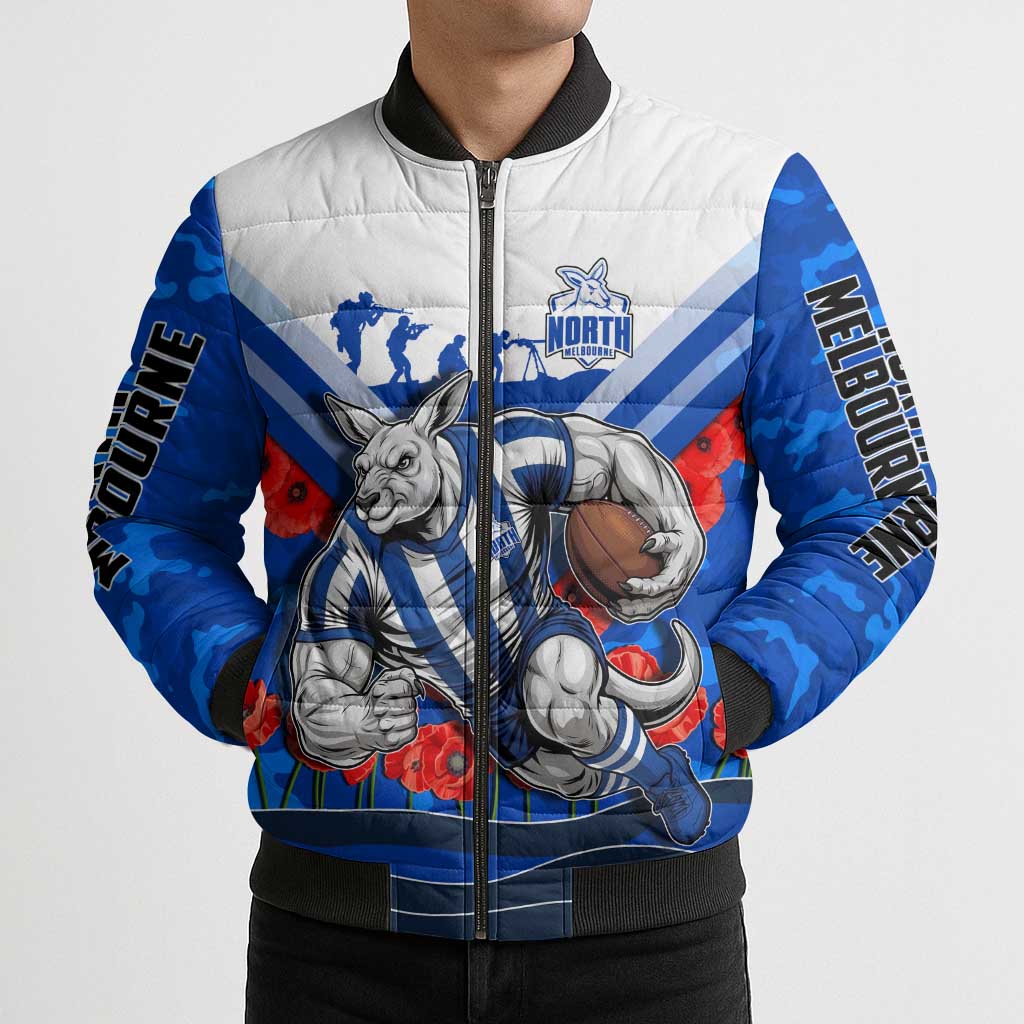 Personalised North Melbourne Kangaroos ANZAC Bomber Puffer Jacket Military Remembrance Australian Football Mascot Camouflage