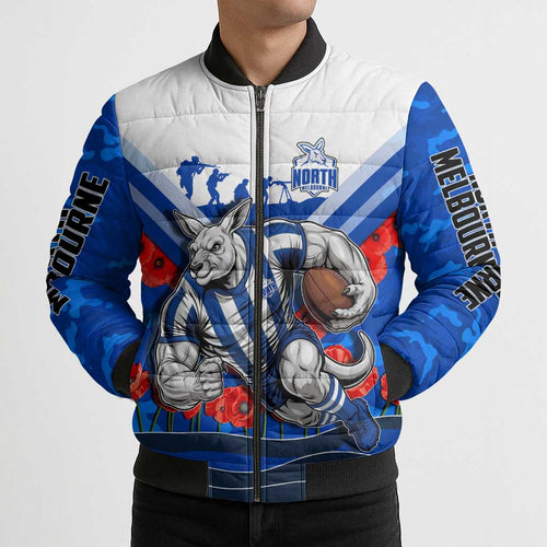 Personalised North Melbourne Kangaroos ANZAC Bomber Puffer Jacket Military Remembrance Australian Football Mascot Camouflage