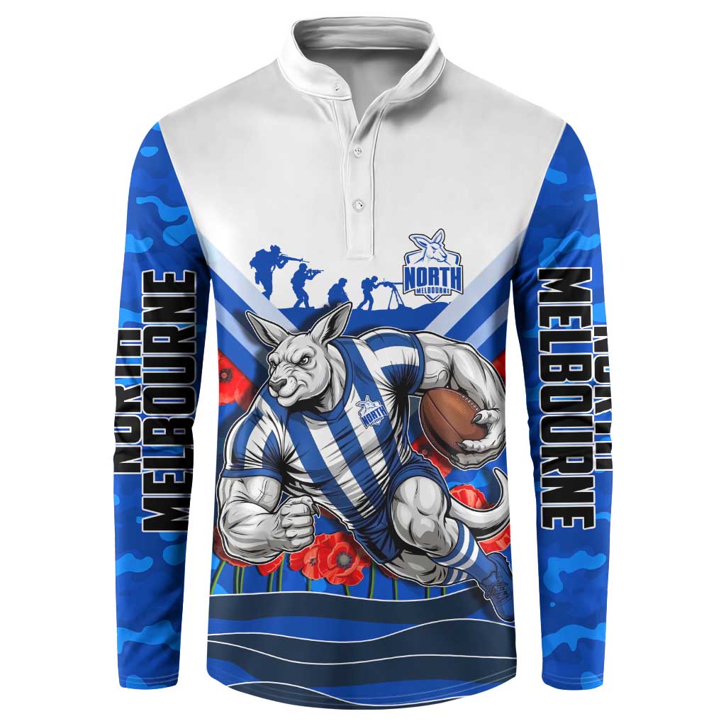 Personalised North Melbourne Kangaroos ANZAC Button Sweatshirt Military Remembrance Australian Football Mascot Camouflage