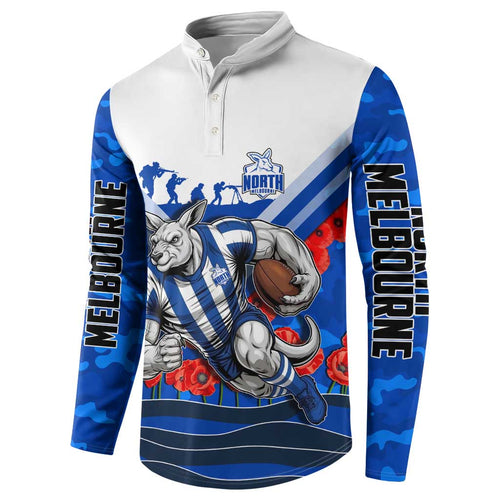 Personalised North Melbourne Kangaroos ANZAC Button Sweatshirt Military Remembrance Australian Football Mascot Camouflage