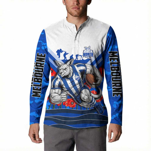 Personalised North Melbourne Kangaroos ANZAC Button Sweatshirt Military Remembrance Australian Football Mascot Camouflage
