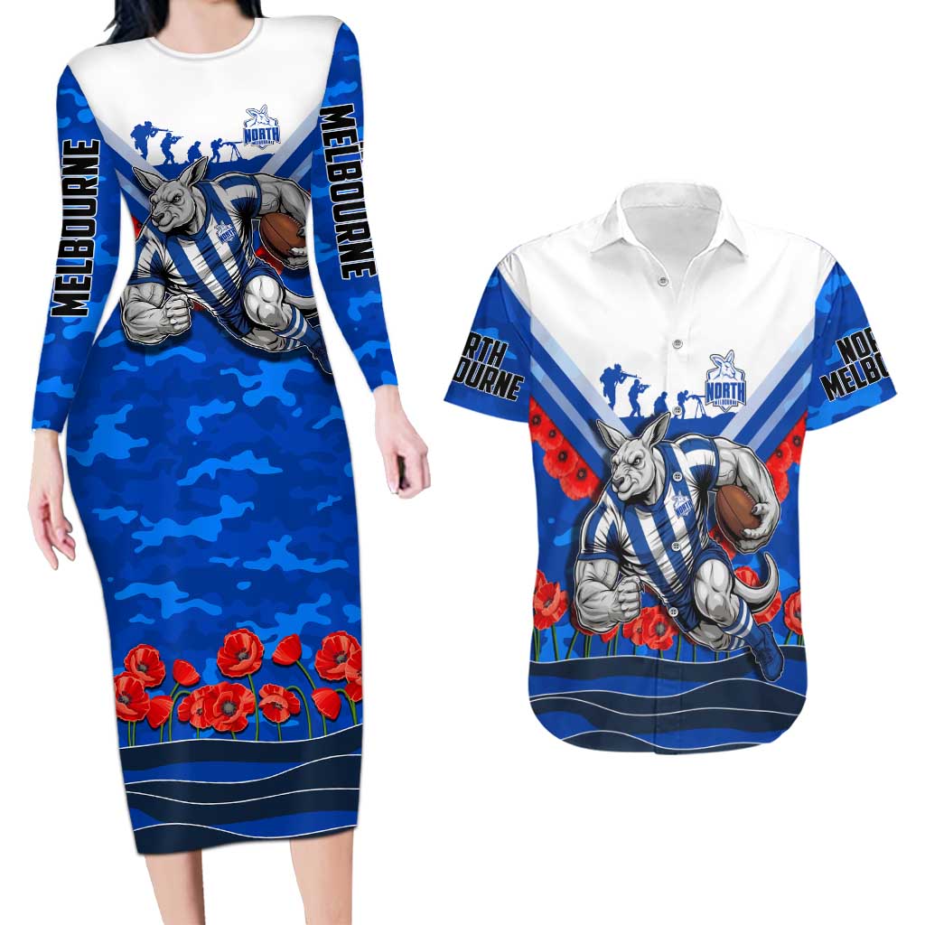 Personalised North Melbourne Kangaroos ANZAC Couples Matching Long Sleeve Bodycon Dress and Hawaiian Shirt Military Remembrance Australian Football Mascot Camouflage