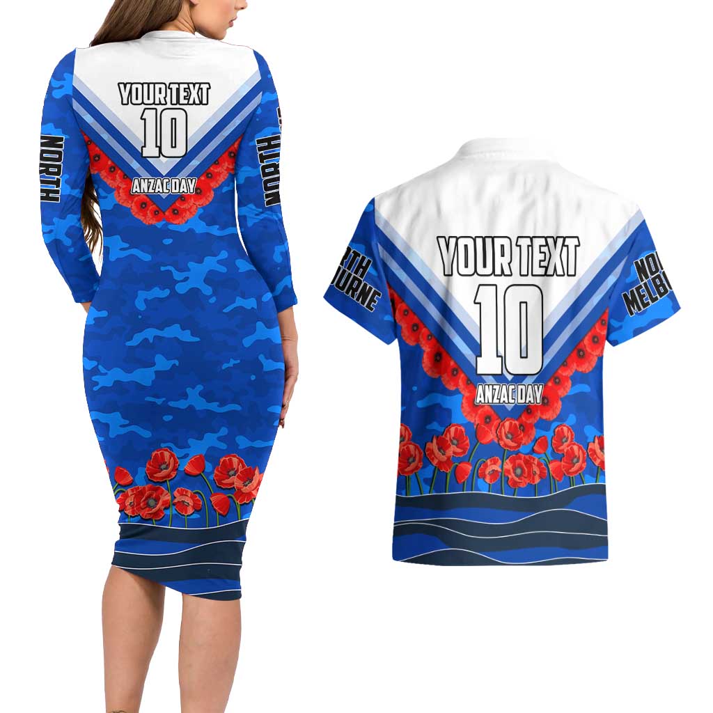 Personalised North Melbourne Kangaroos ANZAC Couples Matching Long Sleeve Bodycon Dress and Hawaiian Shirt Military Remembrance Australian Football Mascot Camouflage