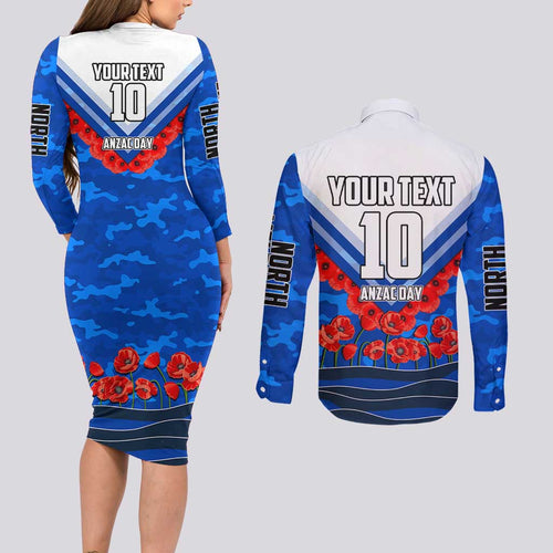 Personalised North Melbourne Kangaroos ANZAC Couples Matching Long Sleeve Bodycon Dress and Long Sleeve Button Shirt Military Remembrance Australian Football Mascot Camouflage