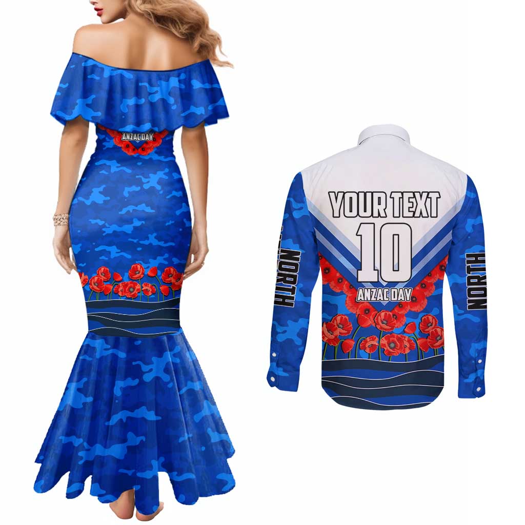 Personalised North Melbourne Kangaroos ANZAC Couples Matching Mermaid Dress and Long Sleeve Button Shirt Military Remembrance Australian Football Mascot Camouflage
