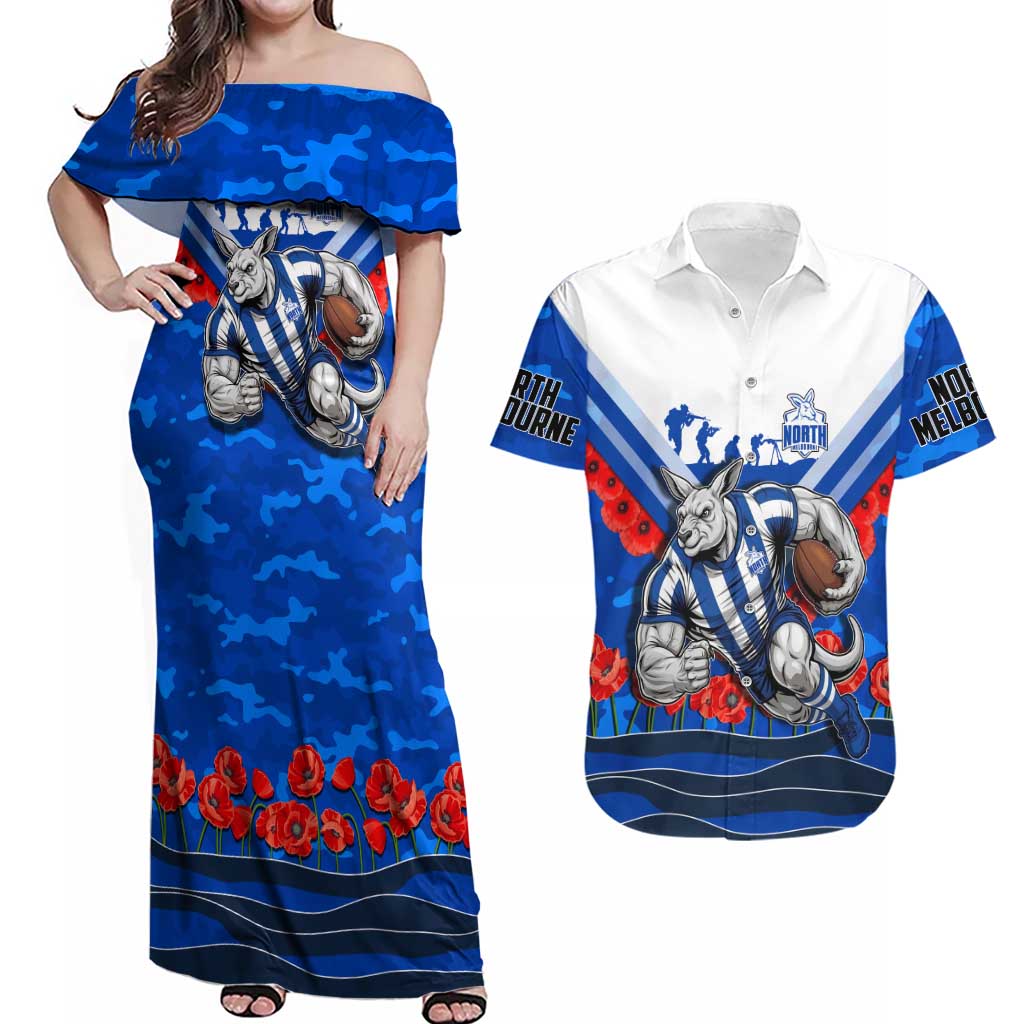 Personalised North Melbourne Kangaroos ANZAC Couples Matching Off Shoulder Maxi Dress and Hawaiian Shirt Military Remembrance Australian Football Mascot Camouflage