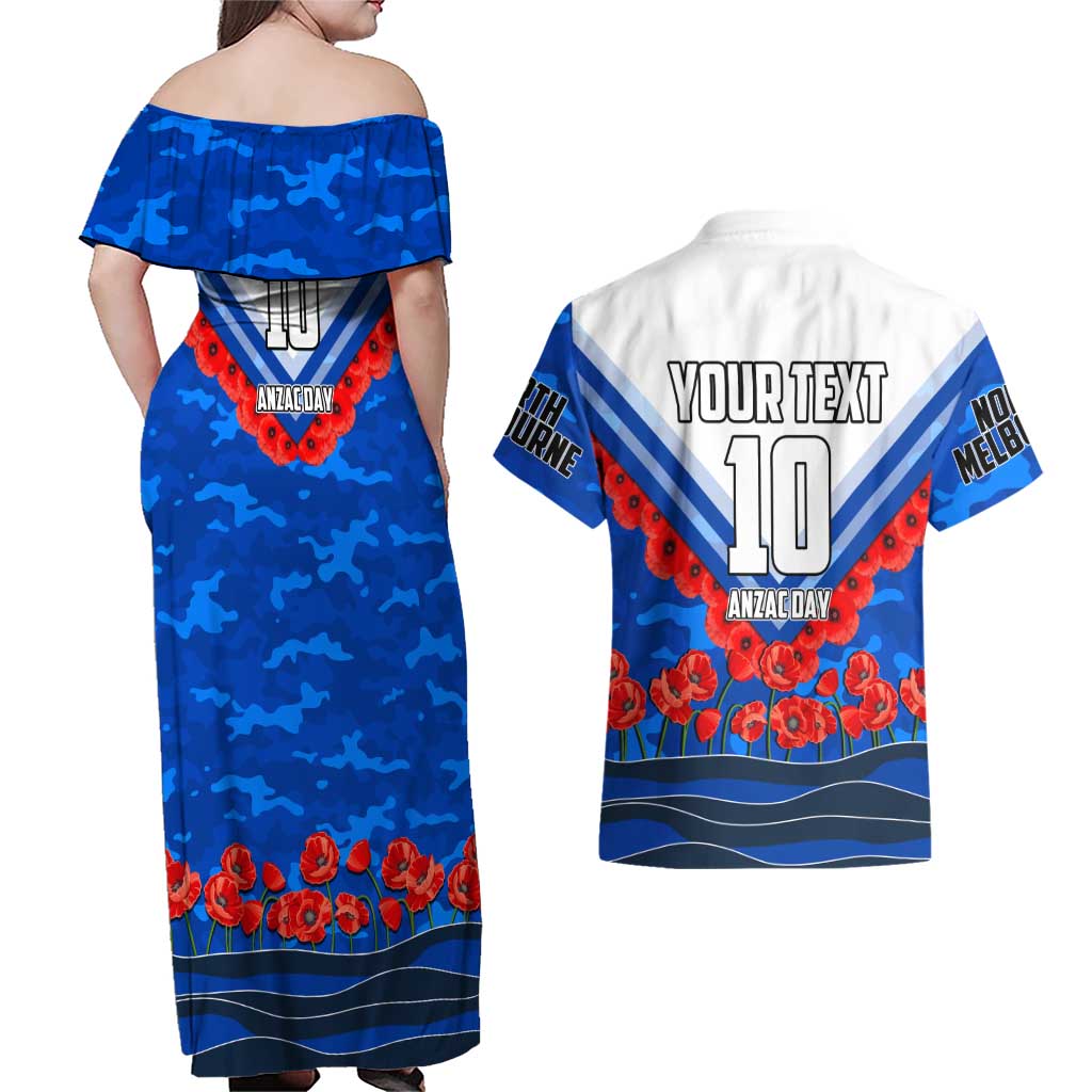 Personalised North Melbourne Kangaroos ANZAC Couples Matching Off Shoulder Maxi Dress and Hawaiian Shirt Military Remembrance Australian Football Mascot Camouflage