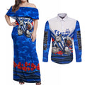 Personalised North Melbourne Kangaroos ANZAC Couples Matching Off Shoulder Maxi Dress and Long Sleeve Button Shirt Military Remembrance Australian Football Mascot Camouflage