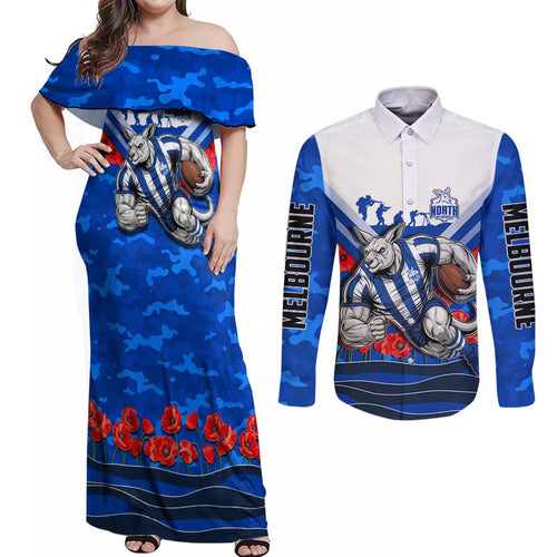 Personalised North Melbourne Kangaroos ANZAC Couples Matching Off Shoulder Maxi Dress and Long Sleeve Button Shirt Military Remembrance Australian Football Mascot Camouflage