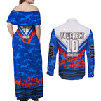 Personalised North Melbourne Kangaroos ANZAC Couples Matching Off Shoulder Maxi Dress and Long Sleeve Button Shirt Military Remembrance Australian Football Mascot Camouflage