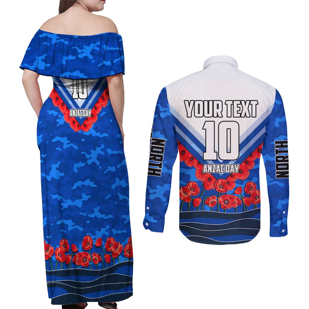 Personalised North Melbourne Kangaroos ANZAC Couples Matching Off Shoulder Maxi Dress and Long Sleeve Button Shirt Military Remembrance Australian Football Mascot Camouflage