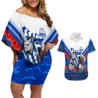 Personalised North Melbourne Kangaroos ANZAC Couples Matching Off Shoulder Short Dress and Hawaiian Shirt Military Remembrance Australian Football Mascot Camouflage