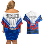 Personalised North Melbourne Kangaroos ANZAC Couples Matching Off Shoulder Short Dress and Hawaiian Shirt Military Remembrance Australian Football Mascot Camouflage
