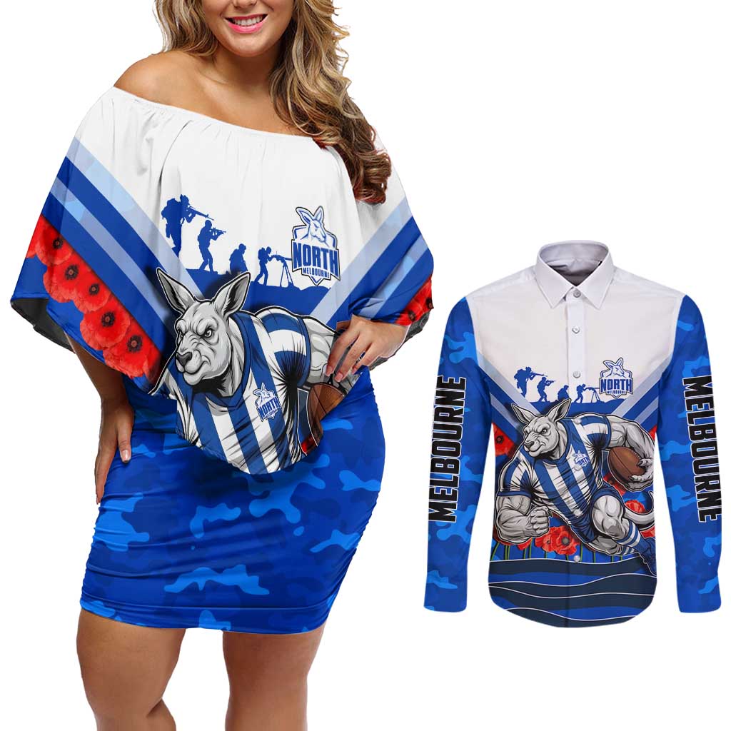 Personalised North Melbourne Kangaroos ANZAC Couples Matching Off Shoulder Short Dress and Long Sleeve Button Shirt Military Remembrance Australian Football Mascot Camouflage