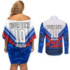 Personalised North Melbourne Kangaroos ANZAC Couples Matching Off Shoulder Short Dress and Long Sleeve Button Shirt Military Remembrance Australian Football Mascot Camouflage