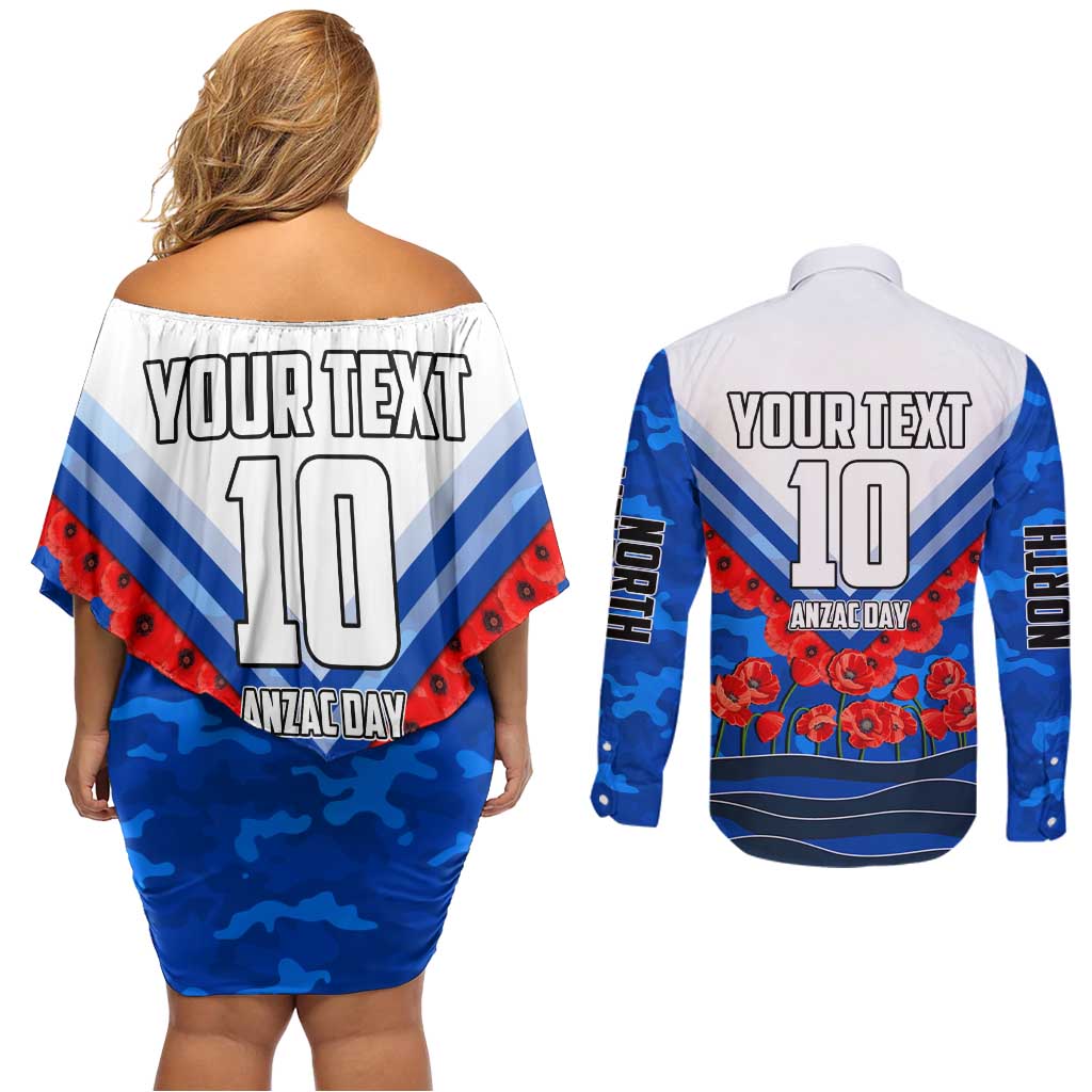 Personalised North Melbourne Kangaroos ANZAC Couples Matching Off Shoulder Short Dress and Long Sleeve Button Shirt Military Remembrance Australian Football Mascot Camouflage