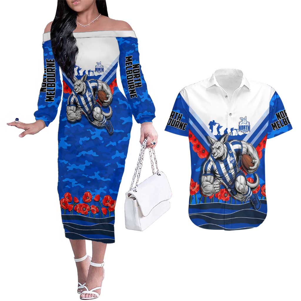 Personalised North Melbourne Kangaroos ANZAC Couples Matching Off The Shoulder Long Sleeve Dress and Hawaiian Shirt Military Remembrance Australian Football Mascot Camouflage