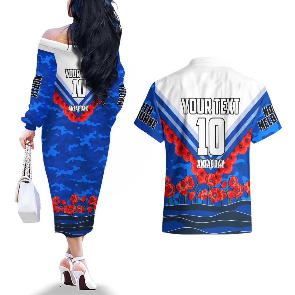 Personalised North Melbourne Kangaroos ANZAC Couples Matching Off The Shoulder Long Sleeve Dress and Hawaiian Shirt Military Remembrance Australian Football Mascot Camouflage