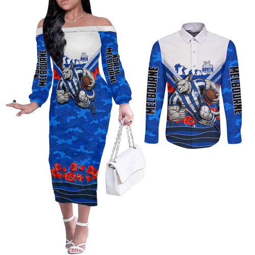 Personalised North Melbourne Kangaroos ANZAC Couples Matching Off The Shoulder Long Sleeve Dress and Long Sleeve Button Shirt Military Remembrance Australian Football Mascot Camouflage
